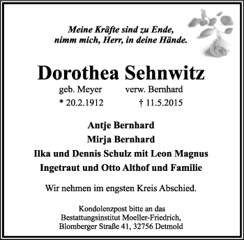 Anzeige  Dorothea Sehnwitz  Lippische Landes-Zeitung