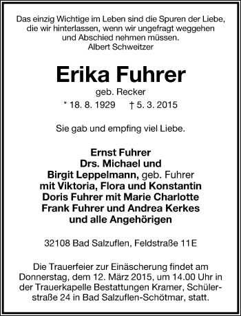 Anzeige  Erika Fuhrer  Lippische Landes-Zeitung