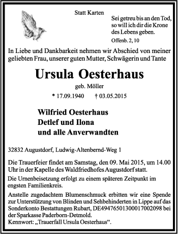 Anzeige  Ursula Oesterhaus  Lippische Landes-Zeitung