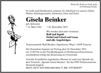 Anzeige  Gisela Beinker  Lippische Landes-Zeitung