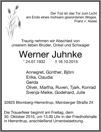 Anzeige  Werner Juhnke  Lippische Landes-Zeitung