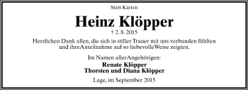 Anzeige  Heinz Klöpper  Lippische Landes-Zeitung