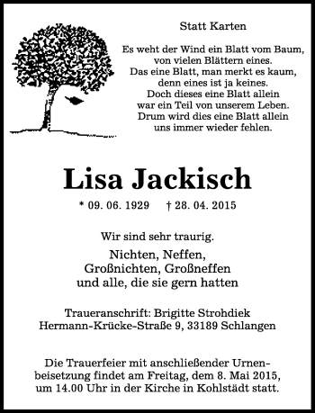 Anzeige  Lisa Jackisch  Lippische Landes-Zeitung