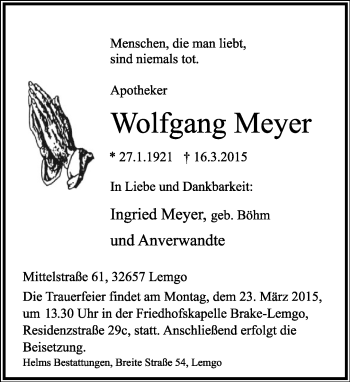 Anzeige  Wolfgang Meyer  Lippische Landes-Zeitung