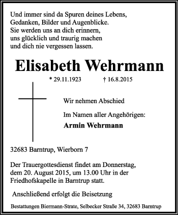 Anzeige  Elisabeth Wehrmann  Lippische Landes-Zeitung