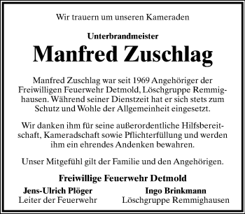 Anzeige  Manfred Zuschlag  Lippische Landes-Zeitung