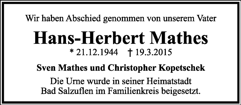  Traueranzeige für Hans-Herbert Mathes vom 01.05.2015 aus Lippische Landes-Zeitung