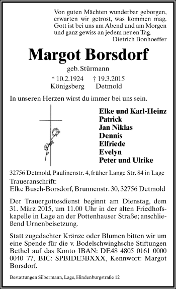 Anzeige  Margot Borsdorf  Lippische Landes-Zeitung