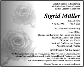 Anzeige  Sigrid Müller  Lippische Landes-Zeitung