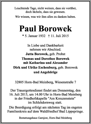 Anzeige  Paul Borowek  Lippische Landes-Zeitung