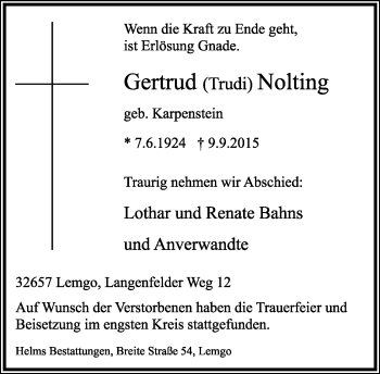 Anzeige  Gertrud Nolting  Lippische Landes-Zeitung