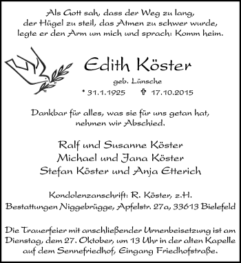 Anzeige  Edith Köster  Lippische Landes-Zeitung