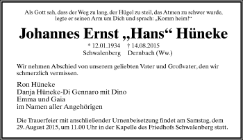 Anzeige  Johannes Ernst Hans Hüneke  Lippische Landes-Zeitung