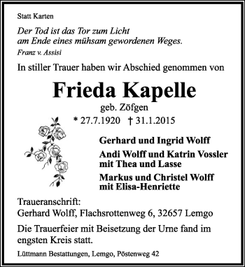 Anzeige  Frieda Kapelle  Lippische Landes-Zeitung