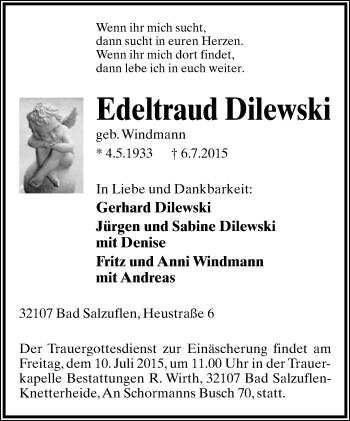 Anzeige  Edeltraud Dilewski  Lippische Landes-Zeitung