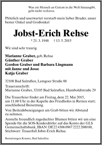 Anzeige  Jobst-Erich Rehse  Lippische Landes-Zeitung