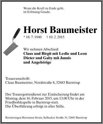 Anzeige  Horst Baumeister  Lippische Landes-Zeitung