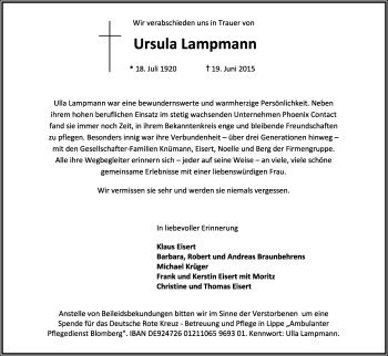 Anzeige  Ursula Lampmann  Lippische Landes-Zeitung