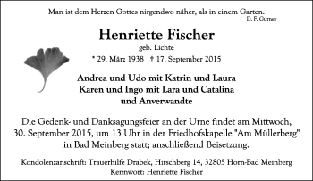 Anzeige  Henriette Fischer  Lippische Landes-Zeitung