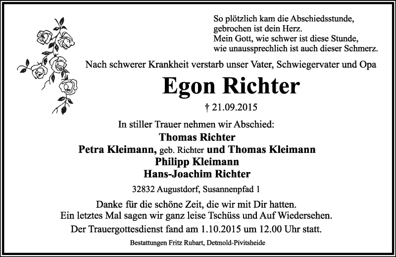  Traueranzeige für Egon Richter vom 03.10.2015 aus Lippische Landes-Zeitung