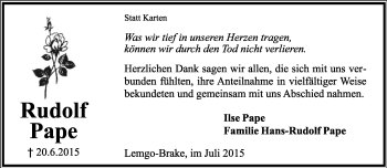 Anzeige  Rudolf Pape  Lippische Landes-Zeitung
