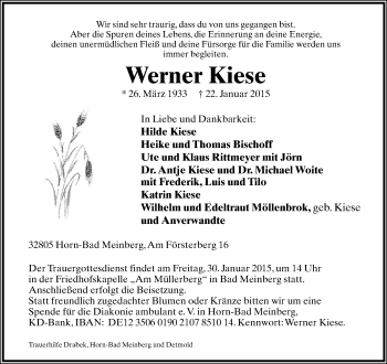 Anzeige  Werner Kiese  Lippische Landes-Zeitung