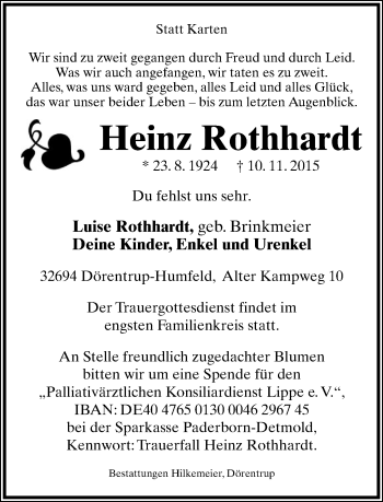 Anzeige  Heinz Rothhardt  Lippische Landes-Zeitung