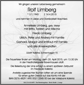 Anzeige  Rolf Limberg  Lippische Landes-Zeitung
