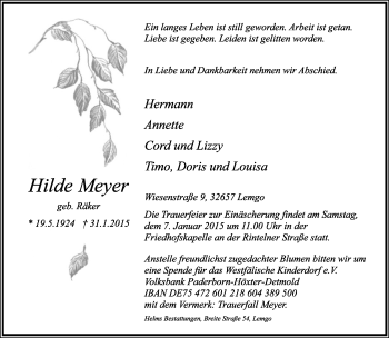 Anzeige  Hilde Meyer  Lippische Landes-Zeitung