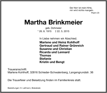 Anzeige  Martha Brinkmeier  Lippische Landes-Zeitung