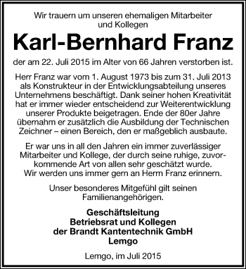 Anzeige  Karl-Bernhard Franz  Lippische Landes-Zeitung