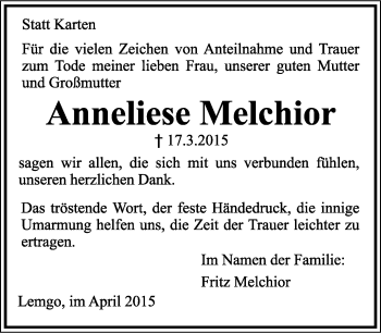Anzeige  Anneliese Melchior  Lippische Landes-Zeitung