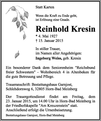 Anzeige  Reinhold Kresin  Lippische Landes-Zeitung