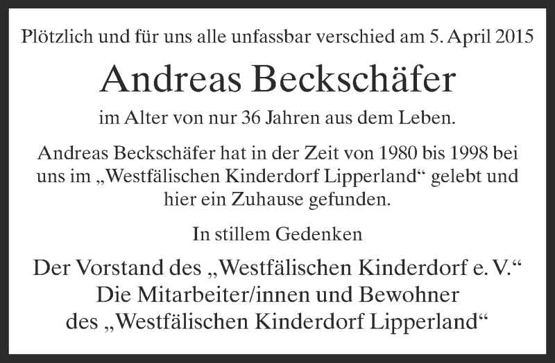  Traueranzeige für Andreas Beckschäfer vom 18.04.2015 aus Lippische Landes-Zeitung