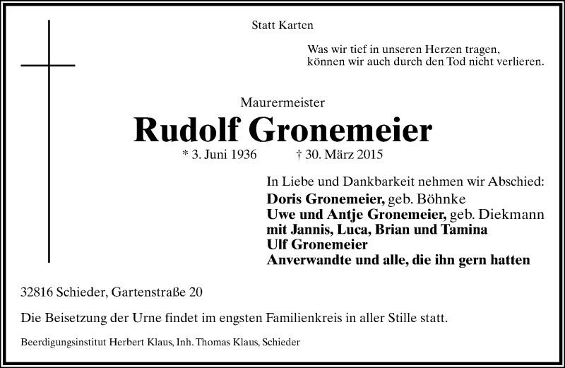  Traueranzeige für Rudolf Gronemeier vom 03.04.2015 aus Lippische Landes-Zeitung