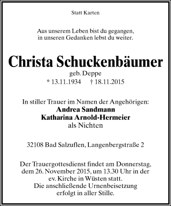 Anzeige  Christa Schuckenbäumer  Lippische Landes-Zeitung