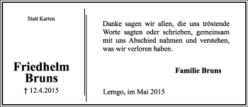 Anzeige  Friedhelm Bruns  Lippische Landes-Zeitung