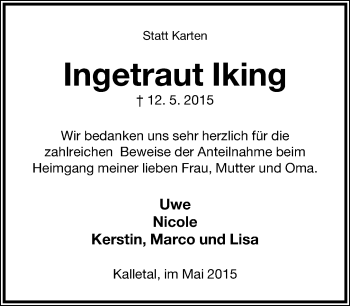 Anzeige  Ingetraut Iking  Lippische Landes-Zeitung