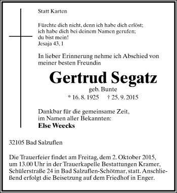 Anzeige  Gertrud Segatz  Lippische Landes-Zeitung