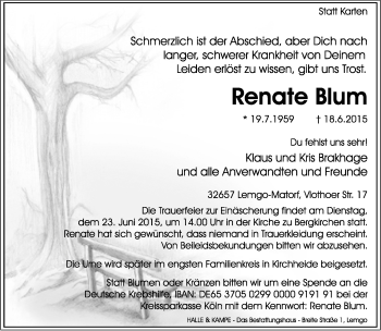 Anzeige  Renate Blum  Lippische Landes-Zeitung