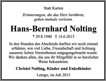 Anzeige  Hans-Bernhard Nolting  Lippische Landes-Zeitung