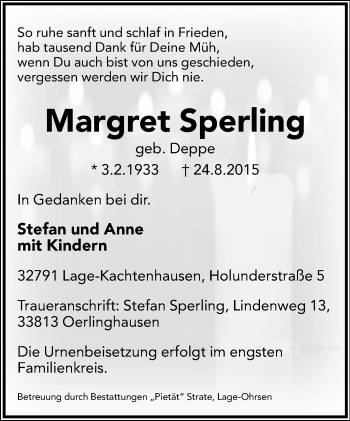 Anzeige  Margret Sperling  Lippische Landes-Zeitung