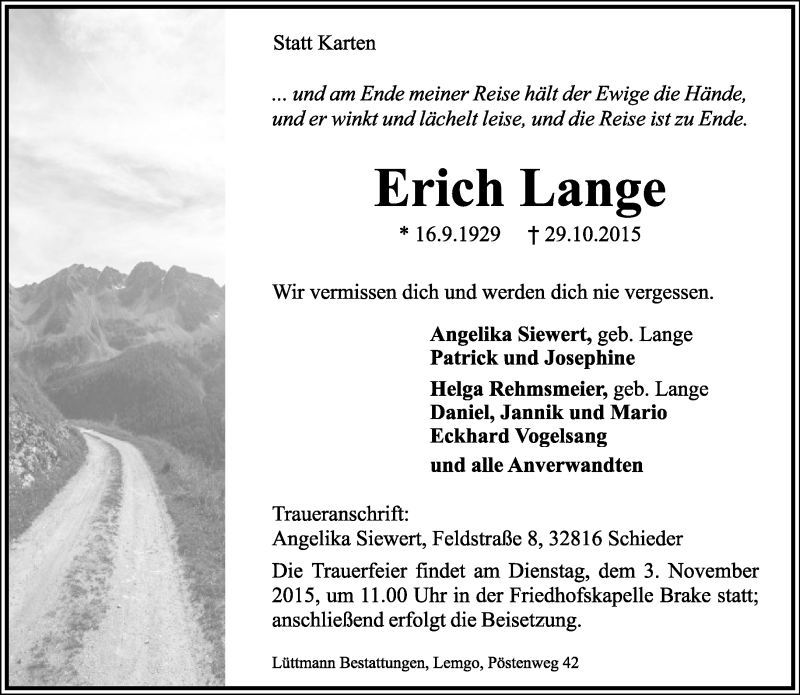  Traueranzeige für Erich Lange vom 02.11.2015 aus Lippische Landes-Zeitung