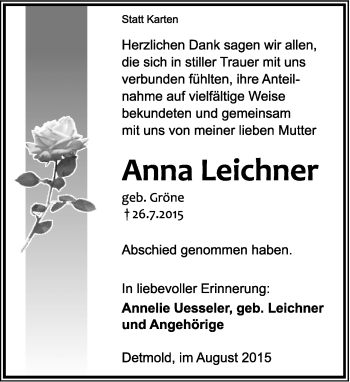 Anzeige  Anna Leichner  Lippische Landes-Zeitung