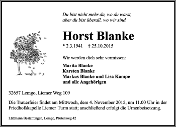 Anzeige  Horst Blanke  Lippische Landes-Zeitung