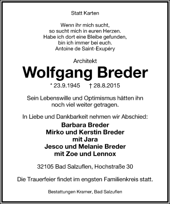 Anzeige  Wolfgang Breder  Lippische Landes-Zeitung