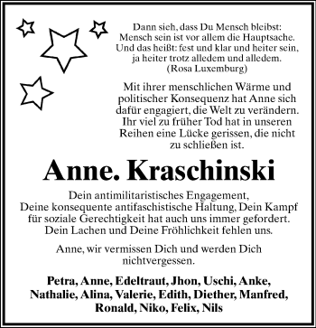 Anzeige  Anne Kraschinski  Lippische Landes-Zeitung