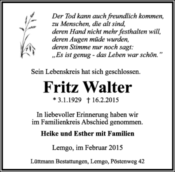 Anzeige  Fritz Walter  Lippische Landes-Zeitung