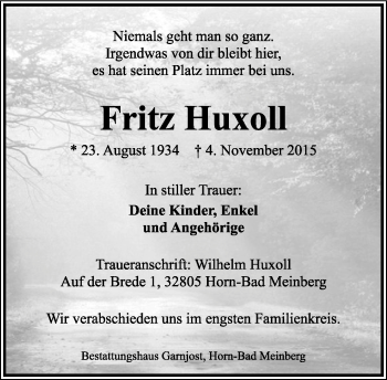 Anzeige  Fritz Huxoll  Lippische Landes-Zeitung