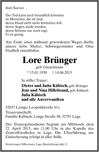 Anzeige  Lore Brünger  Lippische Landes-Zeitung